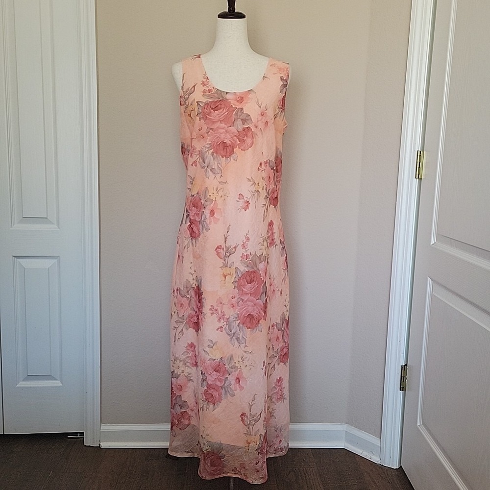 Vintage 90s Floral Maxi Dress Size 14 Peach Romantic Feminine Bloomcore Roses